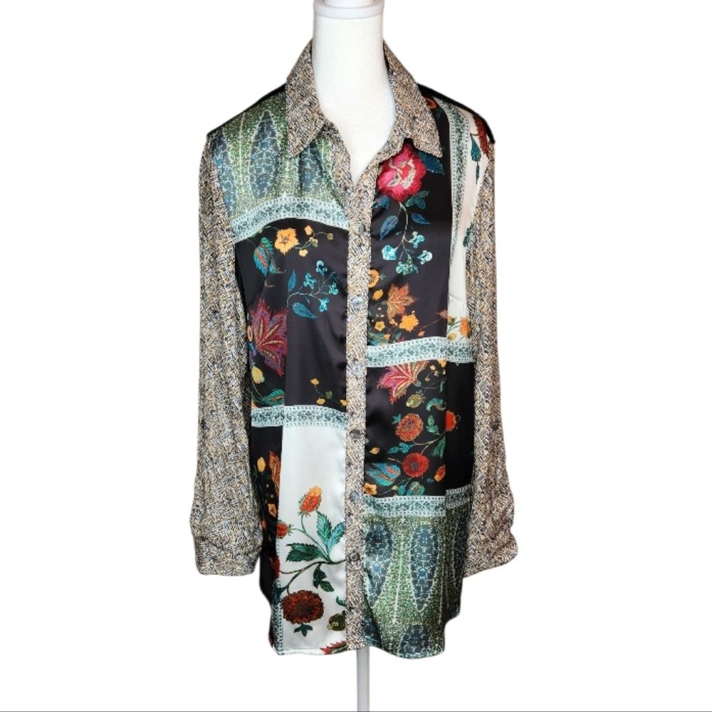 John Mark Patchwork Floral Button Down Tunic Shirt Velvet Embroidered Detail M